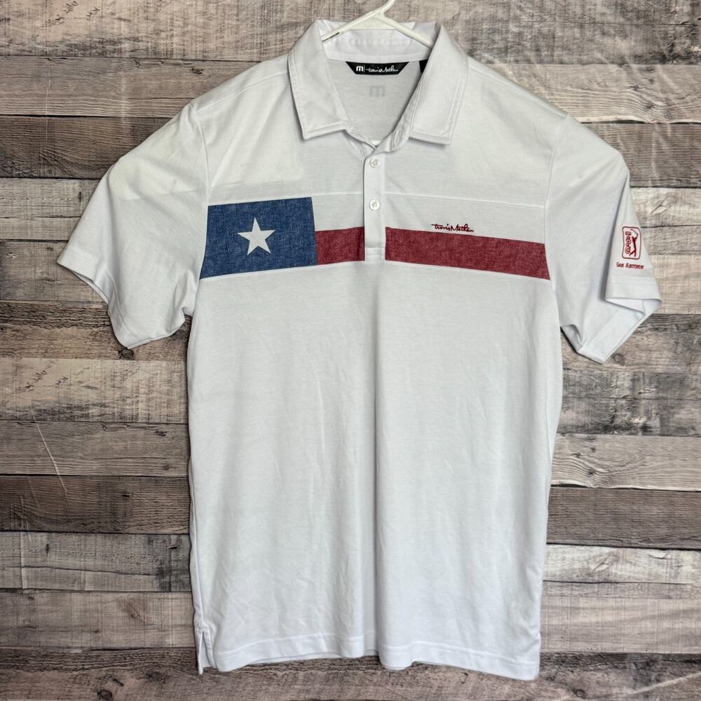 Travis Mathew Rattler Polo Shirt Mens Large White Texas Lone Star Flag Golf